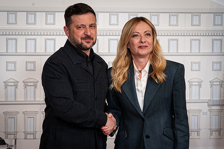 Italian Prime Minister Giorgia Meloni and President of Ukraine, Volodymyr Zelensky, address a press conference after the meeting at Palazzo Chigi.