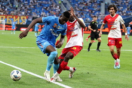 Luis Enrique Martnez Garcia, known as Luis Enrique (11) of Zenit, Collins Sichenje (29) and Petar Sukacev (27) of Vojvodina seen in action during the Winline, Super Session, Friendly football match between Zenit Saint Petersburg and Vojvodina, Novi Sad, Serbia at Gazprom Arena. Final score; Zenit 7:1 Vojvodina.