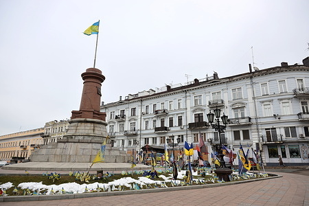 View of European Square and an improvised memorial in honor of fallen Ukrainian Armed Forces soldiers. On the eve of the fourth anniversary of the start of Russia's full-scale invasion of Ukraine, activists tidied up a makeshift memorial to fallen Ukrainian Armed Forces soldiers on European Square