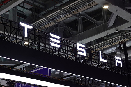 The illuminated "TESLA" sign is seen at its booth during the 8th China International Import Expo.