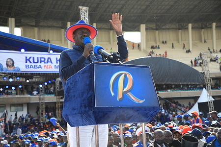 Azimio la Umoja One Kenya presidential candidate Raila Odinga speaks on the final day of campaigns at Kasarani Stadium in Nairobi. The August 9, 2022 general elections will be his fifth attempt at the presidency.