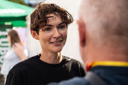 Freja Kirk speaks to the media during the Copenhagen Pride Week 2025 at the City Hall Square renamed Pride Square.