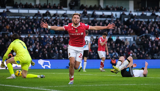 Sam Smith of Wrexham AFC seen celebrating a goal during the EFL Championship Football game between Derby County and Wrexham AFC at Pride Park Stadium. Final score; Derby County 1-2 Wrexham AFC