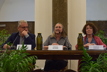 Rome Culture Councilor Massimiliano Smeriglio (L) Rome Councilor Sabrina Alfonsi (C) and Cinema In Verde founder Simonetta Lombardo (R) attend the LAND project press conference at the Campidoglio in Rome. The LAND project is a free cinema spring school in Rome for young filmmakers from the West Bank and Gaza, promoted by Cinema In Verde and ACS to provide professional opportunities and solidarity.