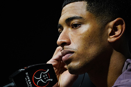Real Madrid player Jude Bellingham speaks during a press conference ahead of the Spanish Super Cup semi-final between Real Madrid and Atlético Madrid at King Abdullah Sports City.