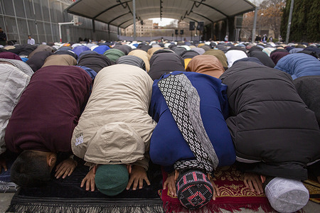 Members of the Muslim community in Madrid seen during Eid al-Fitr, the end-of-Ramadan prayer, at the Lavapies neighborhood of Madrid. This celebration, called Eid al-Fitr, marks the end of the month of fasting, prayer, and reflection.