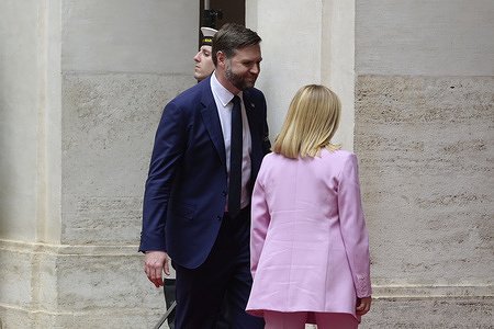 Italian Prime Minister Giorgia Meloni (l) and U.S Vice President JD Vance (r) seen at Palazzo Chigi.