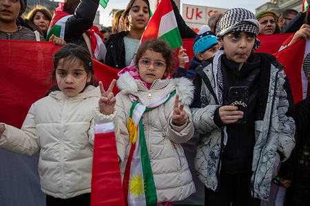 Kurdish children take part in a demonstration in Central London. After violence erupted in northern and eastern Syria, several hundred British Kurds demonstrated in London, demanding an end to the conflict, civilian protection, and respect for international law.