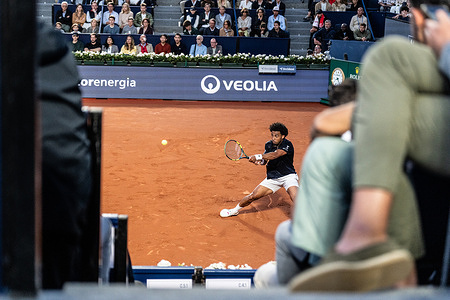 Arthur Fils seen in action during the Round of 16 of Barcelona Open Banks match between Brandon Nakashima ( USA ) and Arthur Fils ( FRA ) at Real Club de Tenis. Arthur Fils won against Brandon Nakashima 6-2, 6-3.