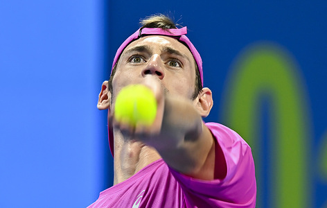 Valentin Royer of France seen in action with Carlos Alcaraz of Spain during their men's singles round of 16 match at the ATP Qatar Exxonmobil Open 2026 tennis tournament at the Khalifa International Tennis Complex. Carlos Alcaraz won Valentin Royer 6-2, 7-5.   