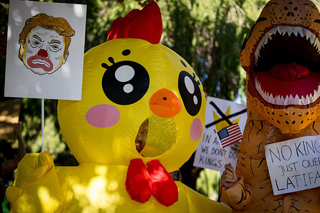 Protesters wear costumes during the No Kings Day demonstration.