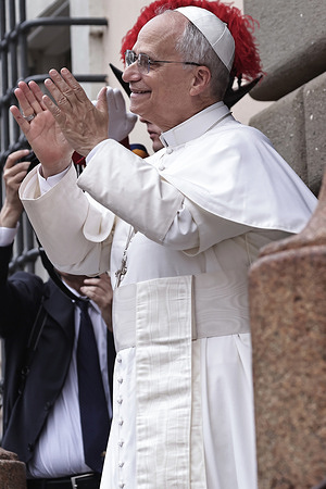 Pope Leo XIV seen during the Angelus prayer from the Apostolic Palace at Piazza della Liberta in Castel Gandolfo.