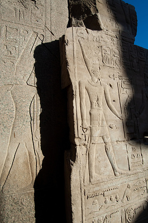 Pharaonic inscriptions at the ancient Egyptian ruins beside the Nile at Luxor, Egypt.