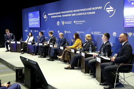 Speakers seen during The Eurasia Digital Transport Corridor: Synchronizing Transit Flows at the Intersection of the CIS and China via a Single Digital Space session of the International Transport and Logistics Forum at Expoforum 2026.