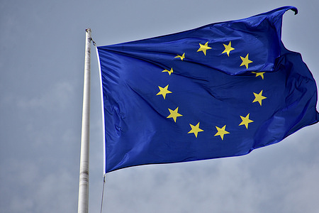 European Union flag is seen flying at the General Council building in Marseille.