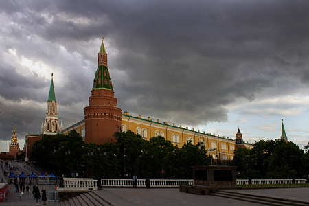 Clouds are gathering over the Moscow Kremlin.