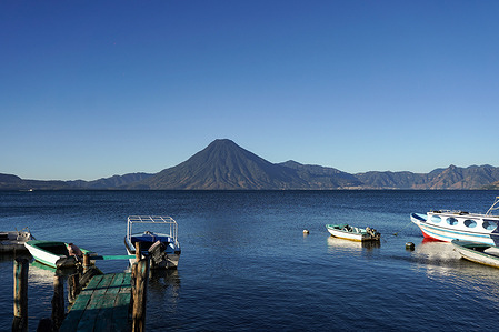 General view of boats on the Atitlan Lake.