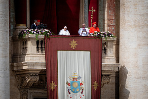 Vatican City, Vatican - 20/04/2025 12:12:35: Pope Francis delivers his traditional ‘Urbi et Orbi’ Blessing from the balcony of St. Peter's basilica overlooking St. Peter's Square in Vatican City.