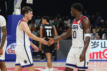 Austin Reaves and Anthony Edwards of the USA basketball team are seen in action during the FIBA Men's Basketball World Cup 2023 match between USA and New Zealand at the MOA Arena. Final Score USA 99:72 New Zealand.