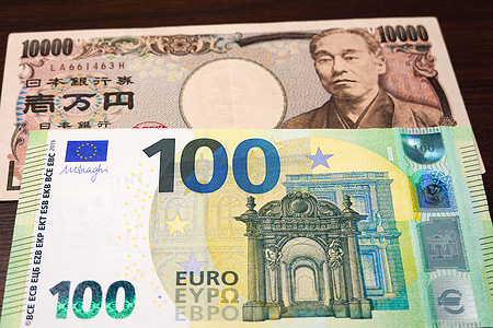 In this photo illustration, a 10,000 yen note is displayed above a 100 euro note.