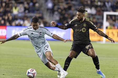 Los Angeles FC’s Denis Bouanga (99) and Colorado Rapids’ Miguel Navarro (29) vie for the ball during an MLS soccer match at BMO Stadium