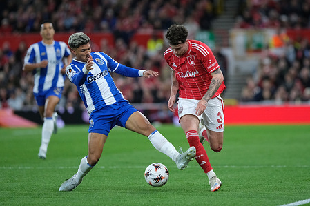 Neco Williams of Nottingham Forest and William Gomes of FC Porto seen in action during the UEFA Europa league quarter final football match between Nottingham Forest and FC Porto. Final score : Nottingham Forest 1 : 0 FC Porto