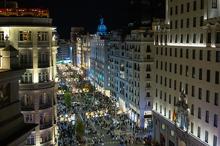 Panoramic view of Madrid's Gran Vía illuminated for the Christmas holidays.