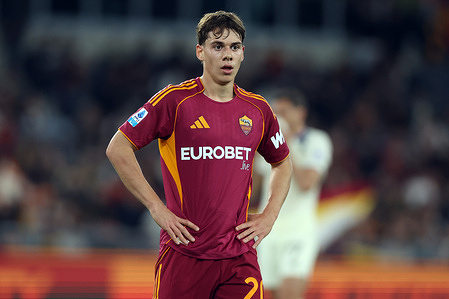Lorenzo Venturino of AS Roma seen during the Serie A Enilive 2025-2026 football match between AS Roma and Atalanta Bergamasca Calcio at Olympic Stadium. Final score; AS Roma 1:1Atalanta.