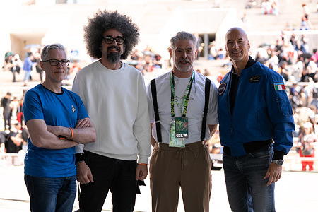 Leo Ortolani, Michele Salvemini aka Caparezza, Emilio Cozzi and Luca Parmitano (from left to right) attends Comicon 2026.
