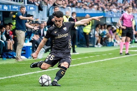 Josue Dorrio of Malaga CF seen in action during the La Liga Hypermotion 2025/2026 match between Malaga CF and UD Las Palmas at La Rosaleda Stadium. Final score: Malaga CF 2:0 UD Las Palmas