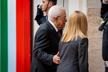 Italian Prime Minister Giorgia Meloni (R) receives the President of Palestine, Mahmoud Abbas (L), aka Abu Mazen, at Palazzo Chigi in Rome.