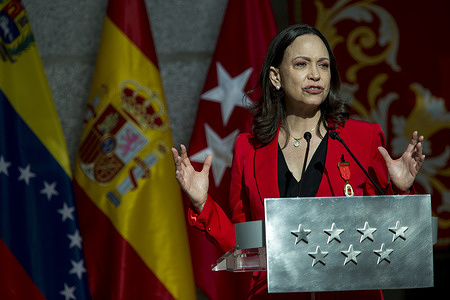 Maria Corina Machado, Nobel Peace Prize laureate and leader of the Venezuelan opposition, gives a speech after Isabel Diaz Ayuso, President of the Community of Madrid, presents her with the Gold Medal of the Community of Madrid.