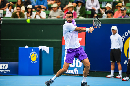 Marin Cilic (CRO) is seen in action during the tennis match with Learner Tien (USA) at Kooyong Classic Tennis Tournament. Tien won in three sets with a score 7-5 4-6 10-7