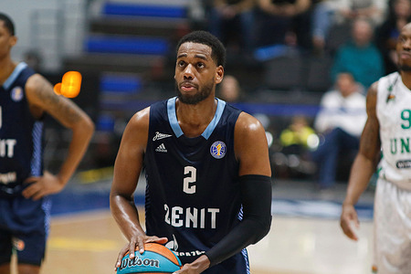 Jordan Loyd (No.2) of Zenit in action during the first match 1/2 finals of the VTB United League basketball match between Zenit and UNICS at Sibur Arena. Final score; Zenit Saint Petersburg 65:74 UNICS Kazan.