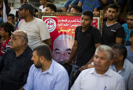 Elderly Palestinian men seen among supporters during the rally.
Rally by Palestinian supporters of the Popular Front for the Liberation of Palestine (PFLP) marking the 17th anniversary of the killing of Abu Ali Mustafa, leader of (PFLP), in Jabalia in the northern Gaza Strip.