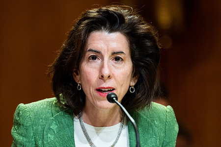 U.S. Secretary of Commerce Gina Raimondo speaking at a Senate Appropriations Committee Subcommittee on Commerce, Justice, Science, and Related Agencies Committee hearing, at the U.S. Capitol.