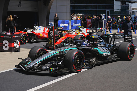 Sprint winner George Russell of Great Britain and Mercedes AMG Petronas F1 team arrives in parc ferme during the Sprint ahead of the F1 Grand Prix of China at Shanghai International Circuit.