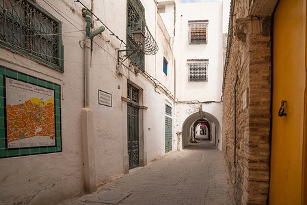 View of an alley and childhood home of Ibn Khaldun, Arab Muslim sociologist and philosopher born in the Khalduniyyah quarter in Tunis in 1332, Tunisia.