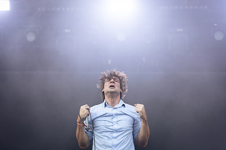 John Maus, American musician, singer-songwriter and composer, performs live on stage during the Rock en Seine music festival at the Domaine National Parc de Saint-Cloud, in Paris.
