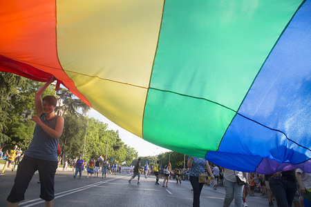 Participants seen marching with a large LGBT rainbow flag.
Thousands of people have participated the Gay Pride 2018 in Madrid to against LGBT phobia.