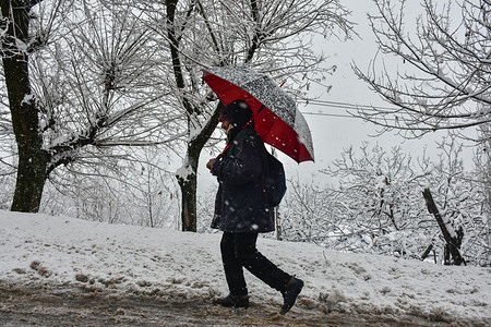 A commuter holds an umbrella as he walks through the snow covered road during the heavy snowfall in Ganderbal, about 80kms from Srinagar. The Kashmir Valley and several other parts of Jammu and Kashmir have been battered by a powerful combination of intense windstorms and heavy snowfall, resulting in one of the most disruptive winter weather events the region has witnessed in recent memory. Normal life was disrupted as heavy rain, gusty winds and snowfall blocked roads, disrupted power supply and prompted the authorities to close schools at various places.