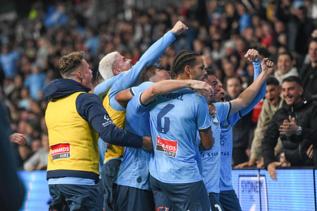 Sydney FC team celebrate a goal during the A-League 2023 Finals Series match between Sydney FC and Western Sydney Wanderers held at the CommBank Stadium. Final score - Sydney FC 2:1 Western Sydney Wanderers
