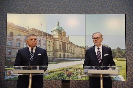 Slovak prime minister Robert Fico (L) and Czech prime minister Petr Fiala (R) seen during a joint press conference after their meeting. Prime minister of Slovakia Robert Fico visits the Czech Republic on his first official foreign journey where he met with his Czech counterpart Petr Fiala. Robert Fico became Slovak prime minister for the fourth time, after his political party Smer - Social Democracy party won parliament election held in September.