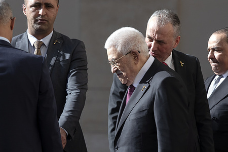 Palestinian President Mahmoud Abbas arrives at the San Damaso courtyard to meet Pope Leo XIV