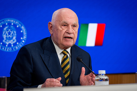 Justice Minister Carlo Nordio addresses a press conference after the approval of the Security Package by the Council of Ministers at Palazzo Chigi.