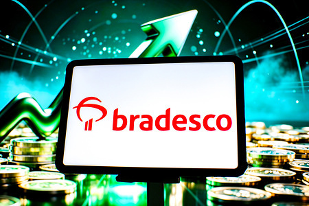 In this photo illustration, the Bradesco logo is displayed on a tablet screen.