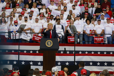 United States President Donald J. Trump speaks during a Keep America Great rally at the Rupp Arena in Lexington.