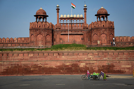 A view of the Red Fort as preparations begin ahead of the 73rd Independence Day which is celebrated on 15 August in India. Workers are building a stand for celebration, event and ceremony for the 73rd Independence Day.