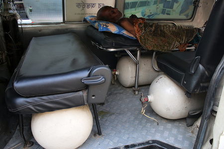 A mini bus turned into an ambulance with gas cylinders under the seat. Such ambulances are common in almost every public and private hospital of the capital in Dhaka. Accidents can happen anytime from such dangerous cylinders.