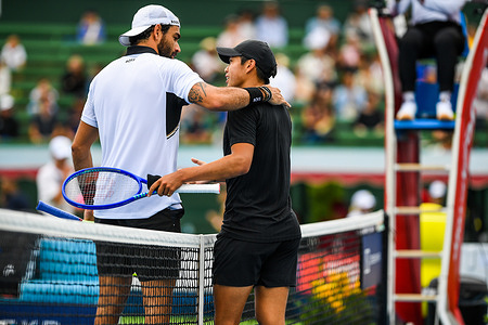 Italian Matteo Berrettini (L) and American Learner Tien (R) are seen after tennis match at Kooyong Classic Tennis Tournament, Kooyong Lawn Tennis Club. Matteo Berrettini won in straight sets with a score 6-2 6-2